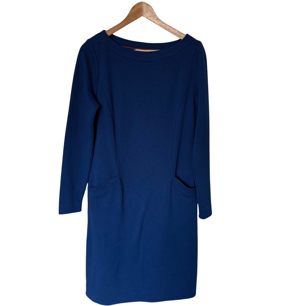 Boden Shift Dress Womens 4L Blue Exc. Textured Long Sleeve Boat Neck Pockets